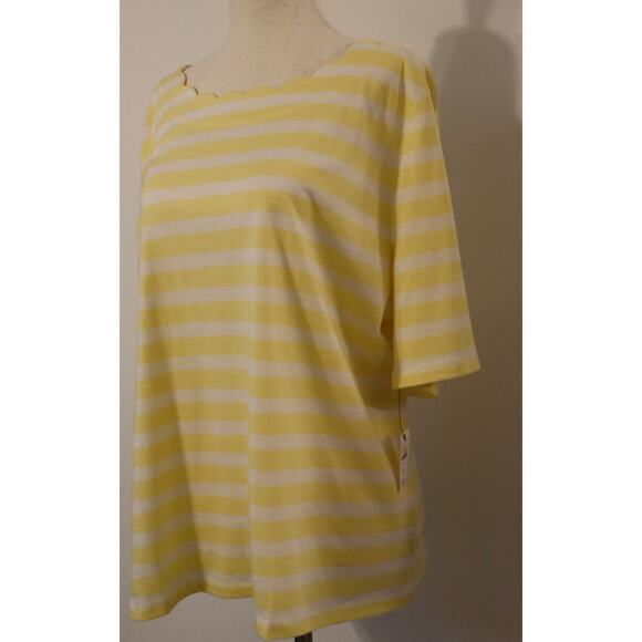 Talbots NWT XL Pima Cotton Tee Yellow White Stripe Scallop Neck Soft Top - Picture 4 of 10